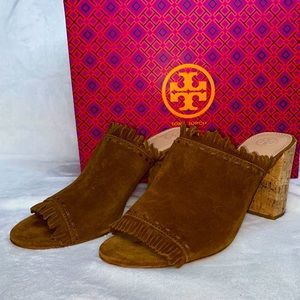 Tory Burch Huntington Brown Suede Fringe  Mules